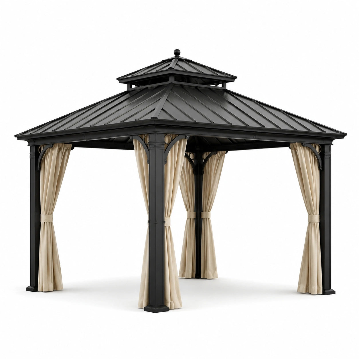 Aluminium Pavillon mit Stahlblechdach und Polyester Vorhängen, Schwarz Beige, 300x400cm