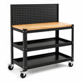 Werkbank mit Metallgestell und Holzplatte, Schwarz