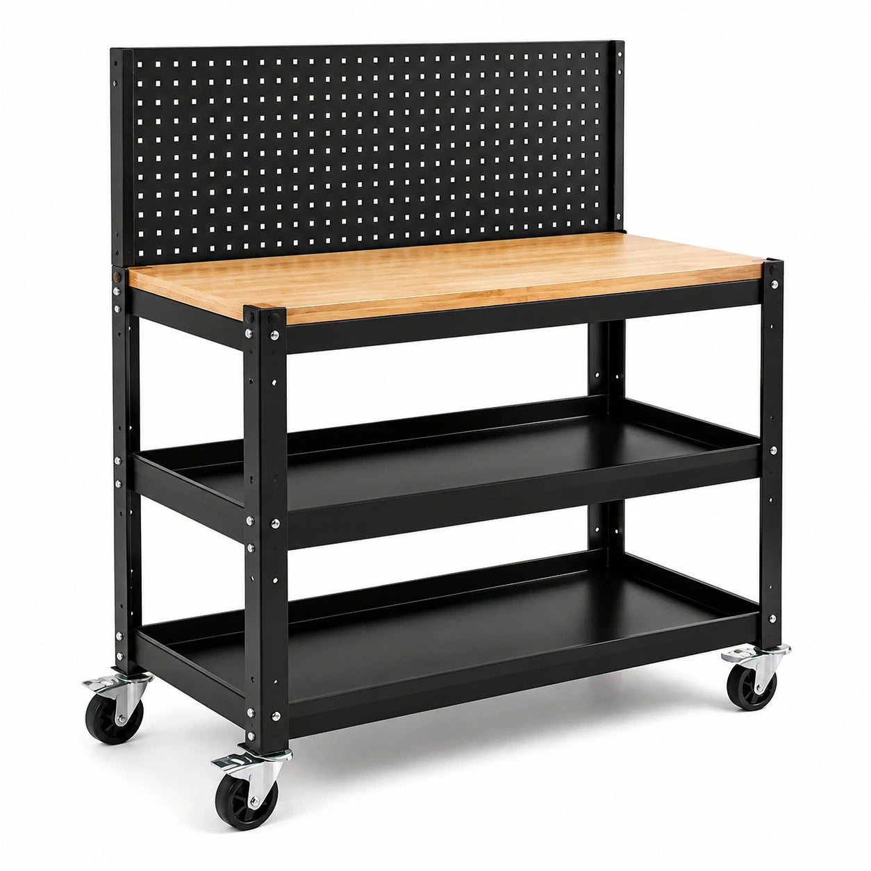 Werkbank mit Metallgestell und Holzplatte, Schwarz