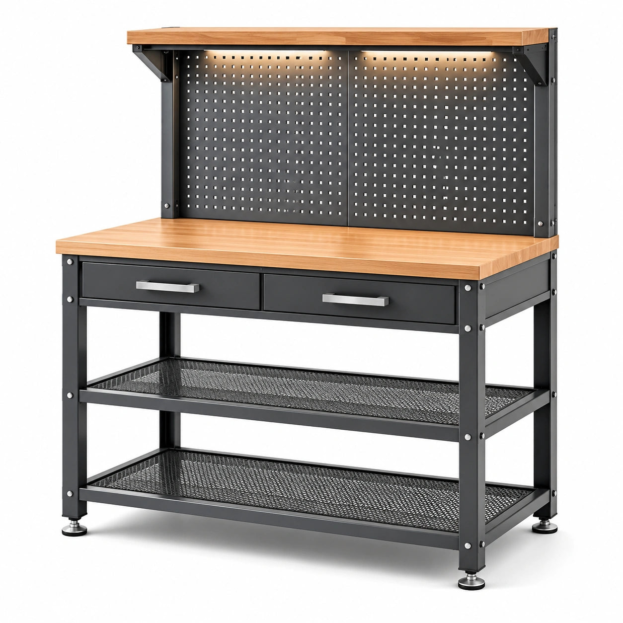 Werkbank mit Stahlrahmen und Massivholzplatte Schwarz 120x60x150cm