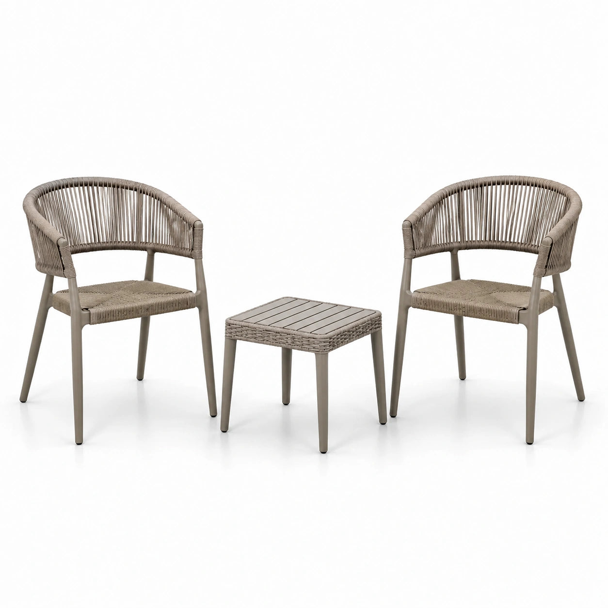 Gartenmöbel-Set aus Aluminium mit Polyesterseil in Braun inklusive Tisch und zwei Stühlen
