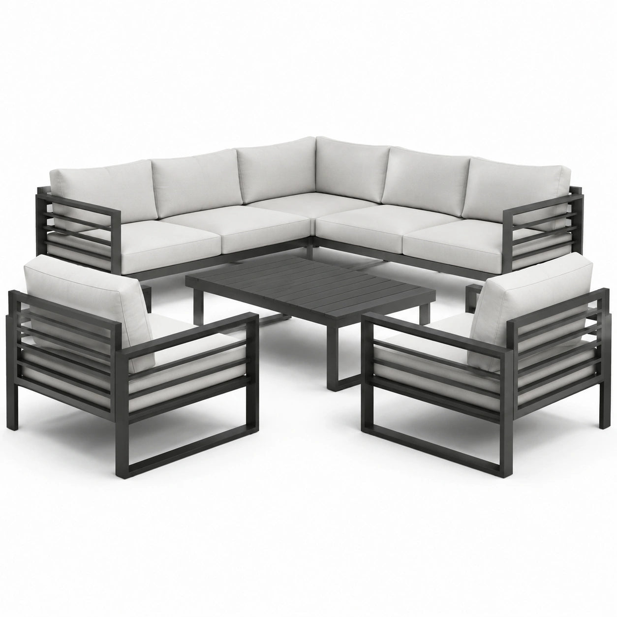 Gartenlounge Set Aluminium L-Form Schwarz Kissen Hellgrau