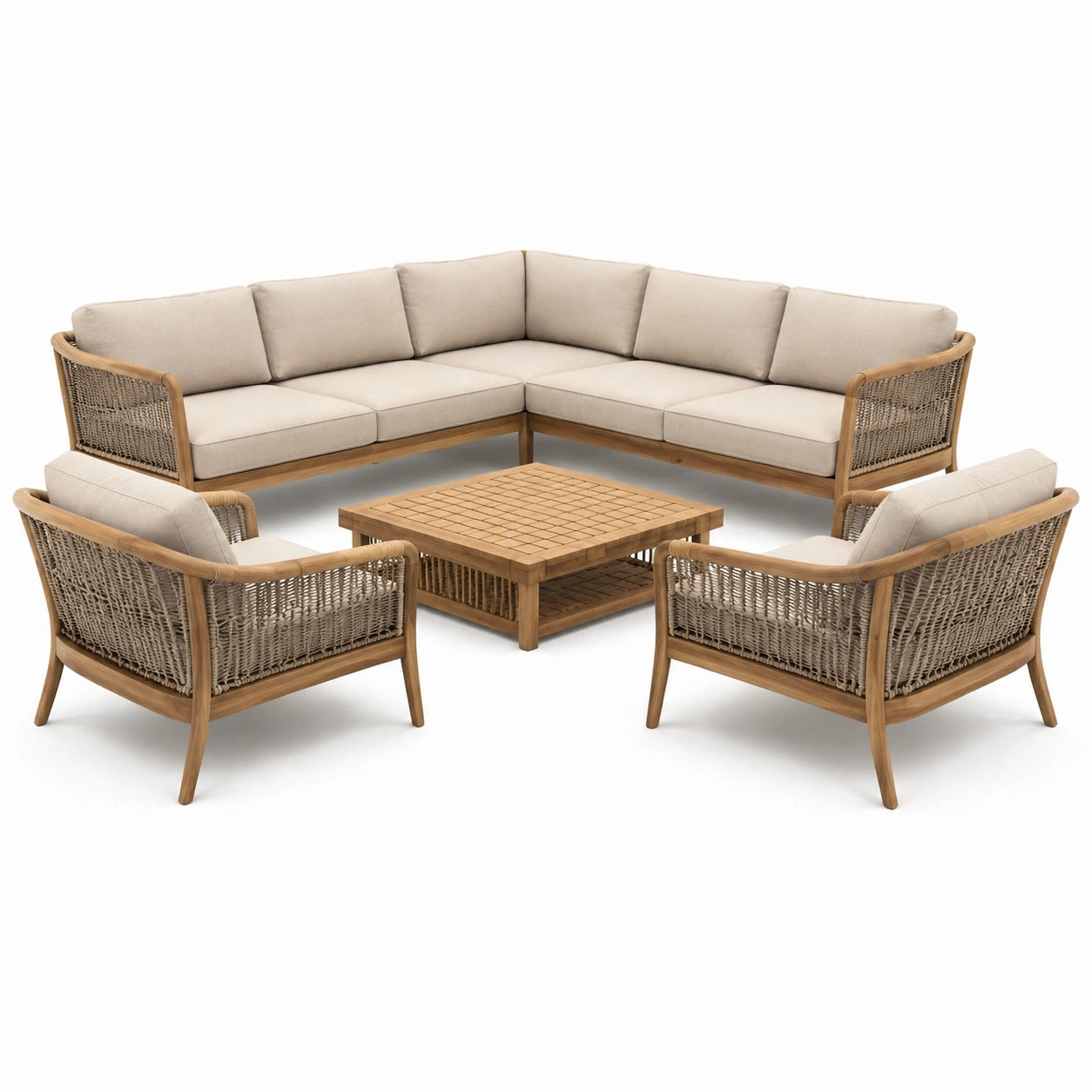Gartenlounge Set aus Teakholz und Polyesterseil in Beige mit Ecksofa, Sesseln und Tisch