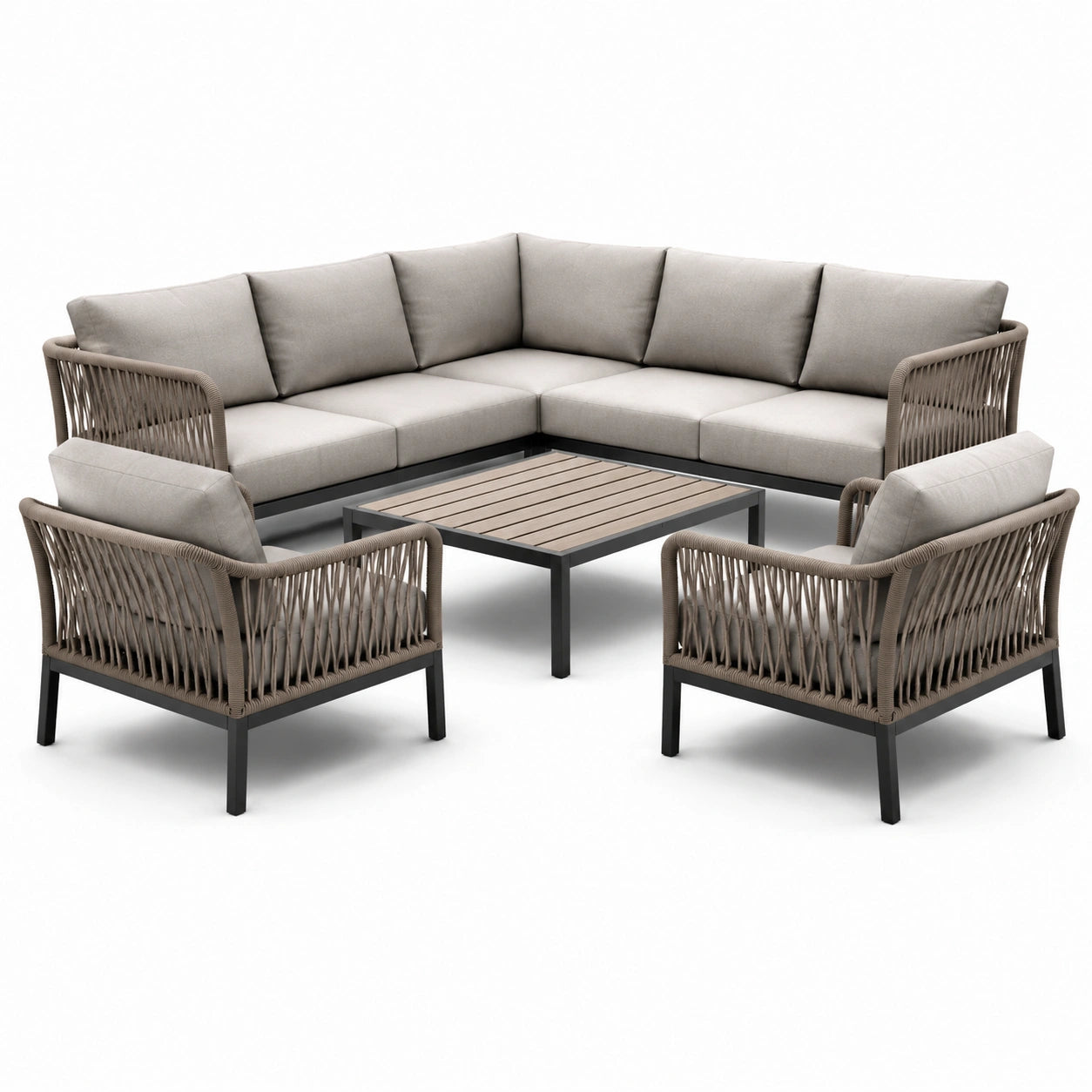 Outdoor-Sofa-Set mit Aluminium und Seilgeflecht in Grau