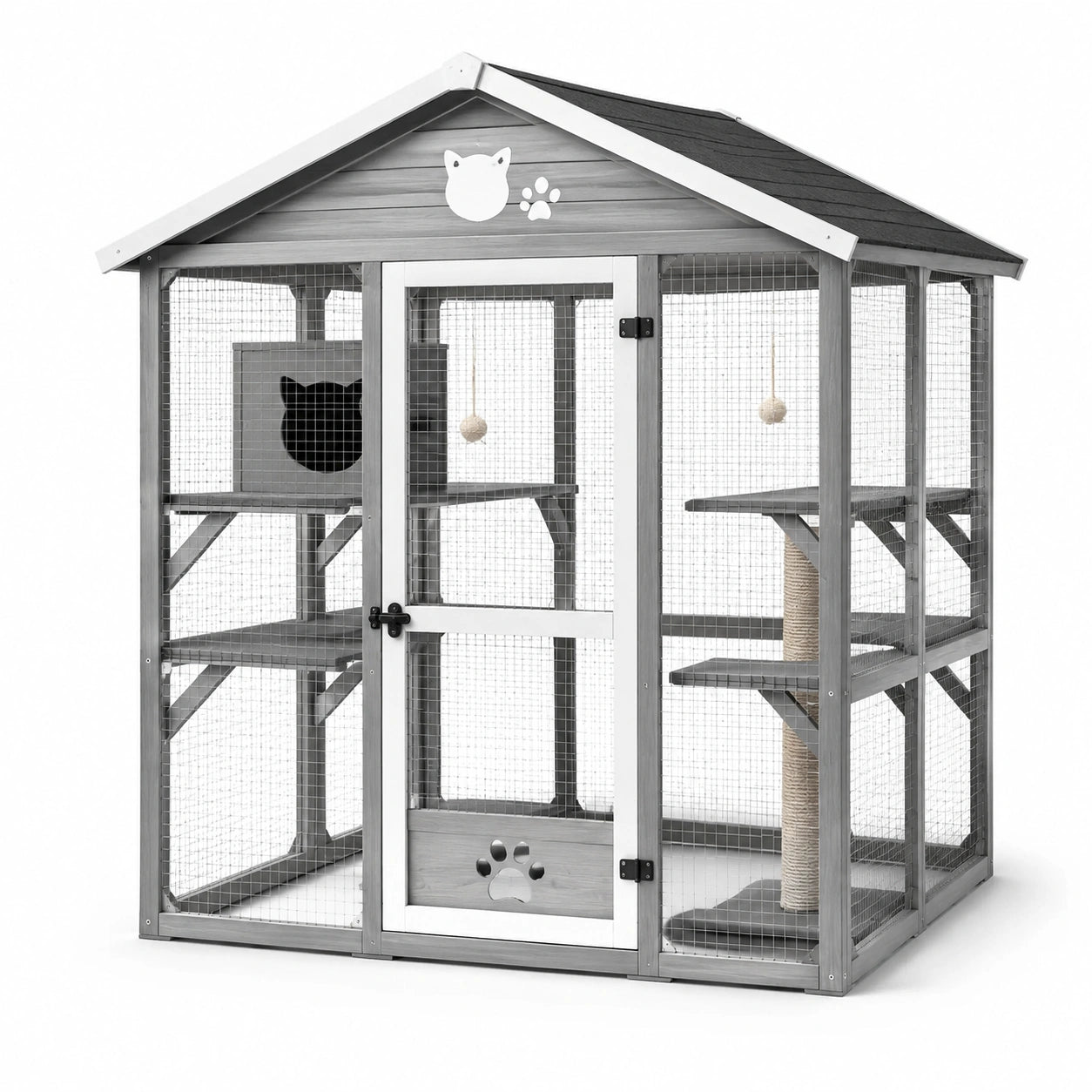 Katzenfreigehege Tannenholz Grau/Weiß 180x160x220 cm
