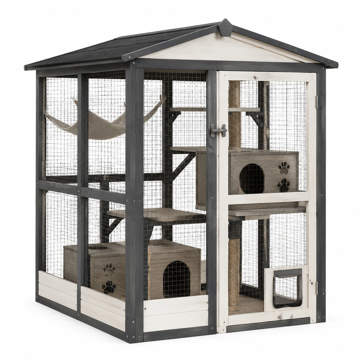 Großes Katzengehege aus Holz und Metall mit Sisal, Grau/Weiß